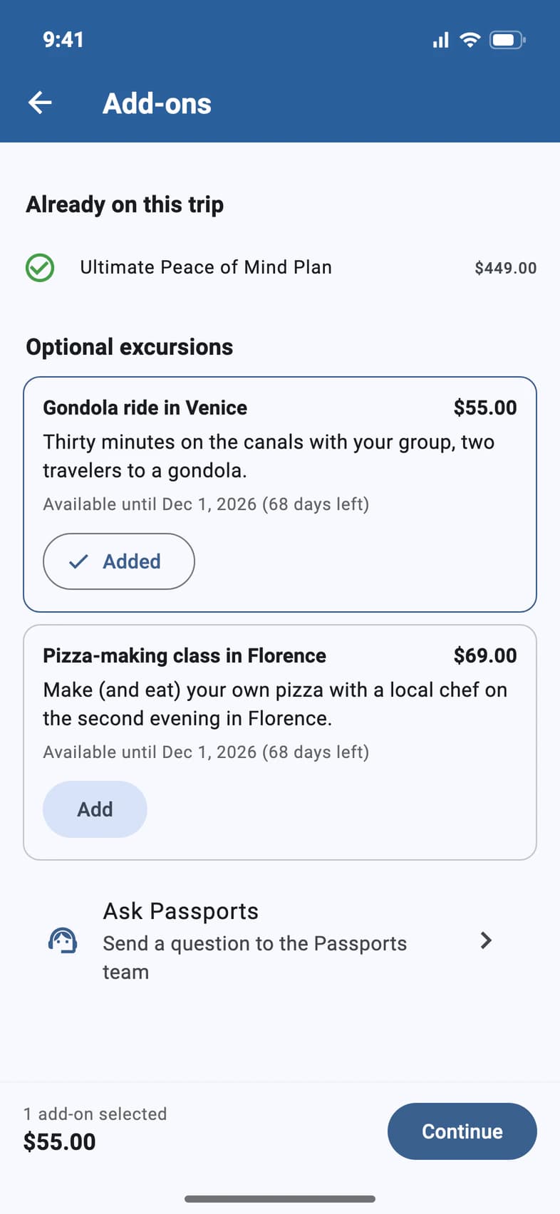 The gondola ride added; 1 add-on selected, $55.00, and Continue
