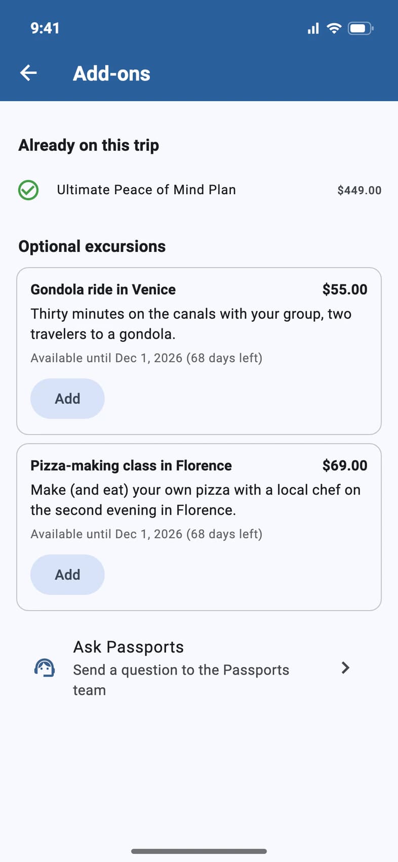 Add-ons: the Ultimate Peace of Mind Plan already on this trip; optional excursions, a gondola ride in Venice ($55.00) and a pizza-making class in Florence ($69.00), each available until Dec 1, 2026