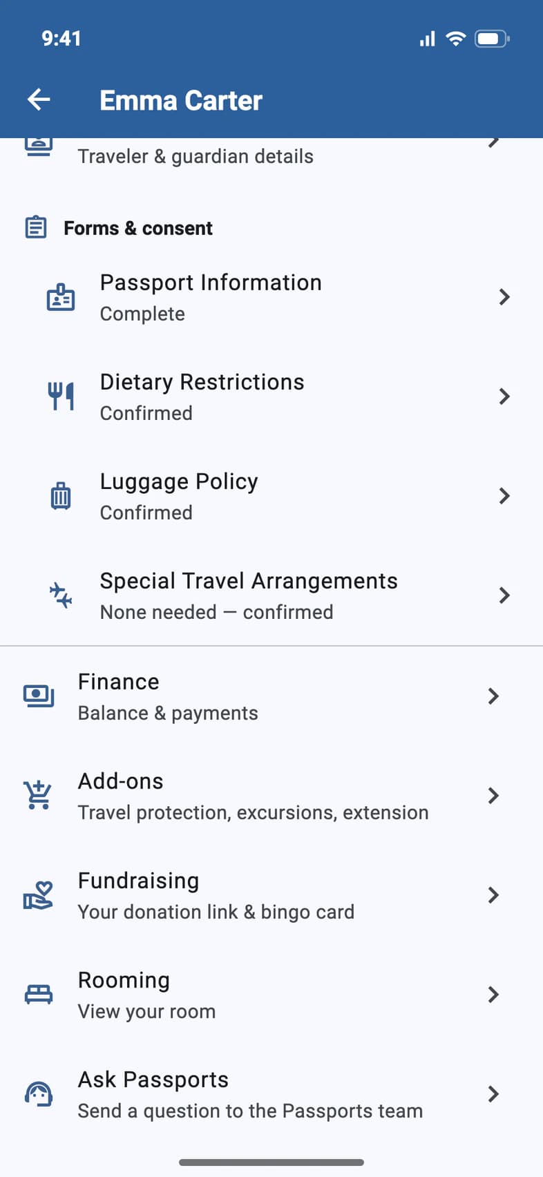 A traveler's account page with Finance, Add-ons (travel protection, excursions, extension), Fundraising and Rooming
