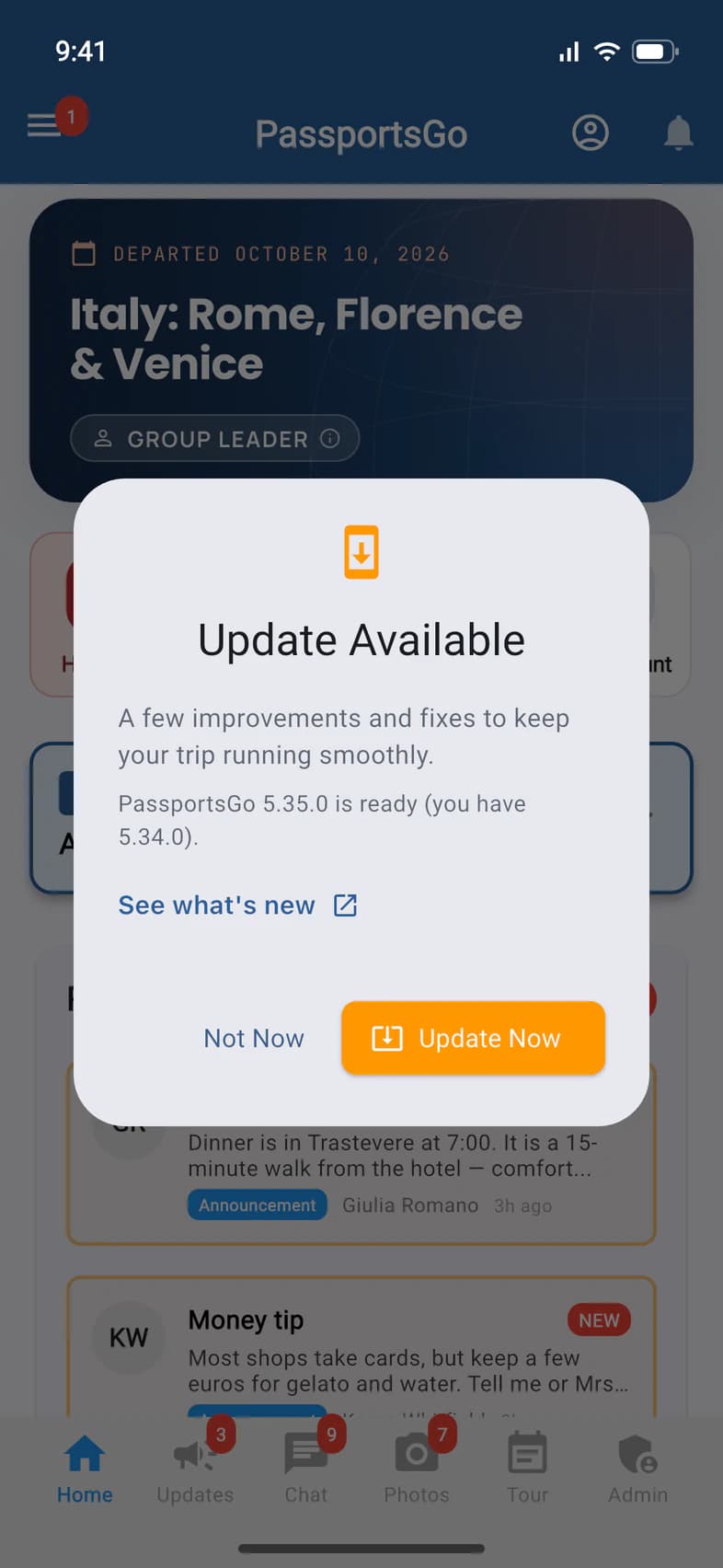 The Update Available message over Home: a note about the new version, a line saying which version is ready and which one you have, a See what's new link, and Not Now and Update Now buttons