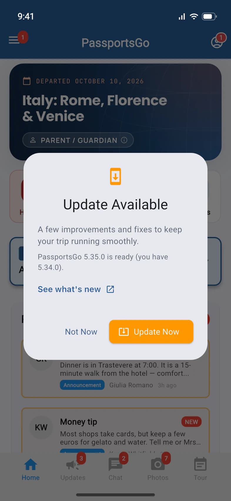 The Update Available message over Home: a note about the new version, a line saying which version is ready and which one you have, a See what's new link, and Not Now and Update Now buttons