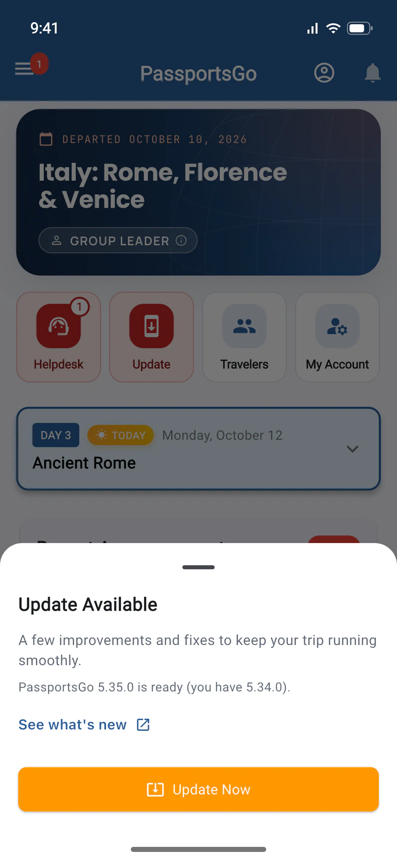 The Update Available sheet opened from the Update tile: the note, which version is ready and which one you have, See what's new, and a wide orange Update Now button