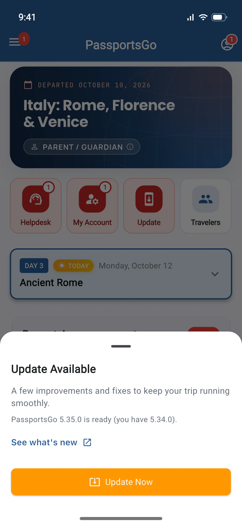 The Update Available sheet opened from the Update tile: the note, which version is ready and which one you have, See what's new, and a wide orange Update Now button