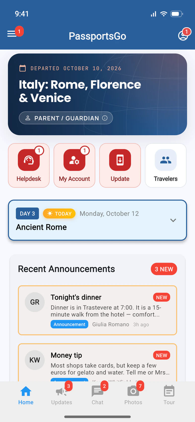 Home for a parent: the tour card, then the tiles Helpdesk, My Account and Update in red, and Travelers in blue