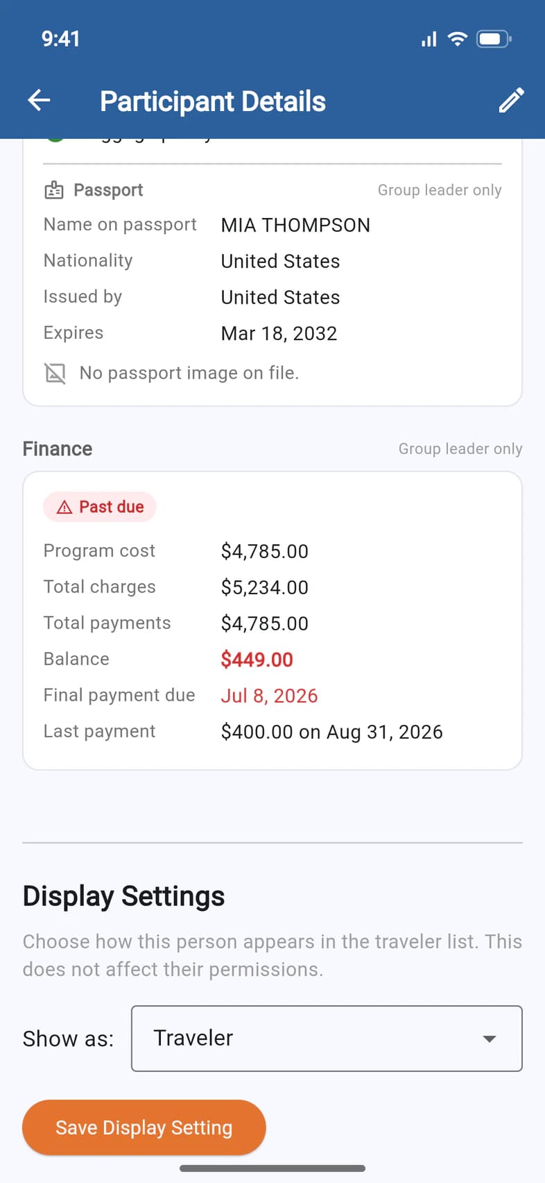 Mia Thompson's Participant Details: Finance, Group leader only, with a Past due chip, program cost, total charges, total payments, a red balance of $449.00, a red final payment due date and the last payment