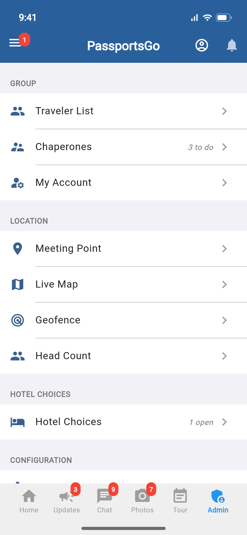 The Admin tab: under Group, Traveler List, then Chaperones with “3 to do”, then My Account