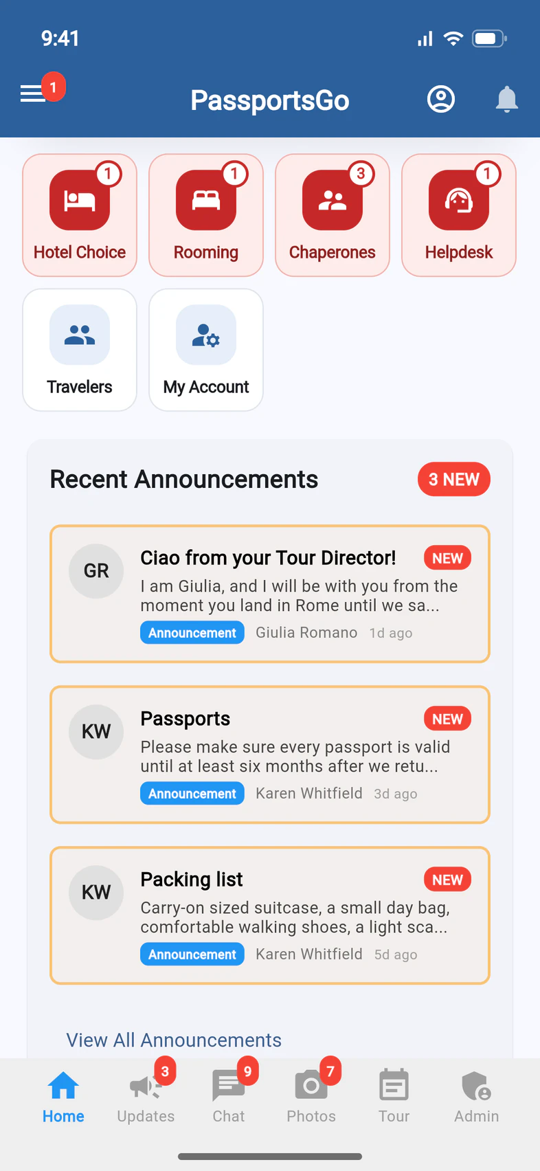 The PassportsGo Home screen before the trip, with red tiles for Hotel Choice, Rooming, Chaperones (showing 3) and Helpdesk