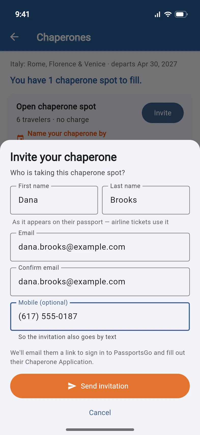 The Invite your chaperone form filled in for Dana Brooks: first and last name, the email typed twice, a mobile number, and an orange Send invitation button