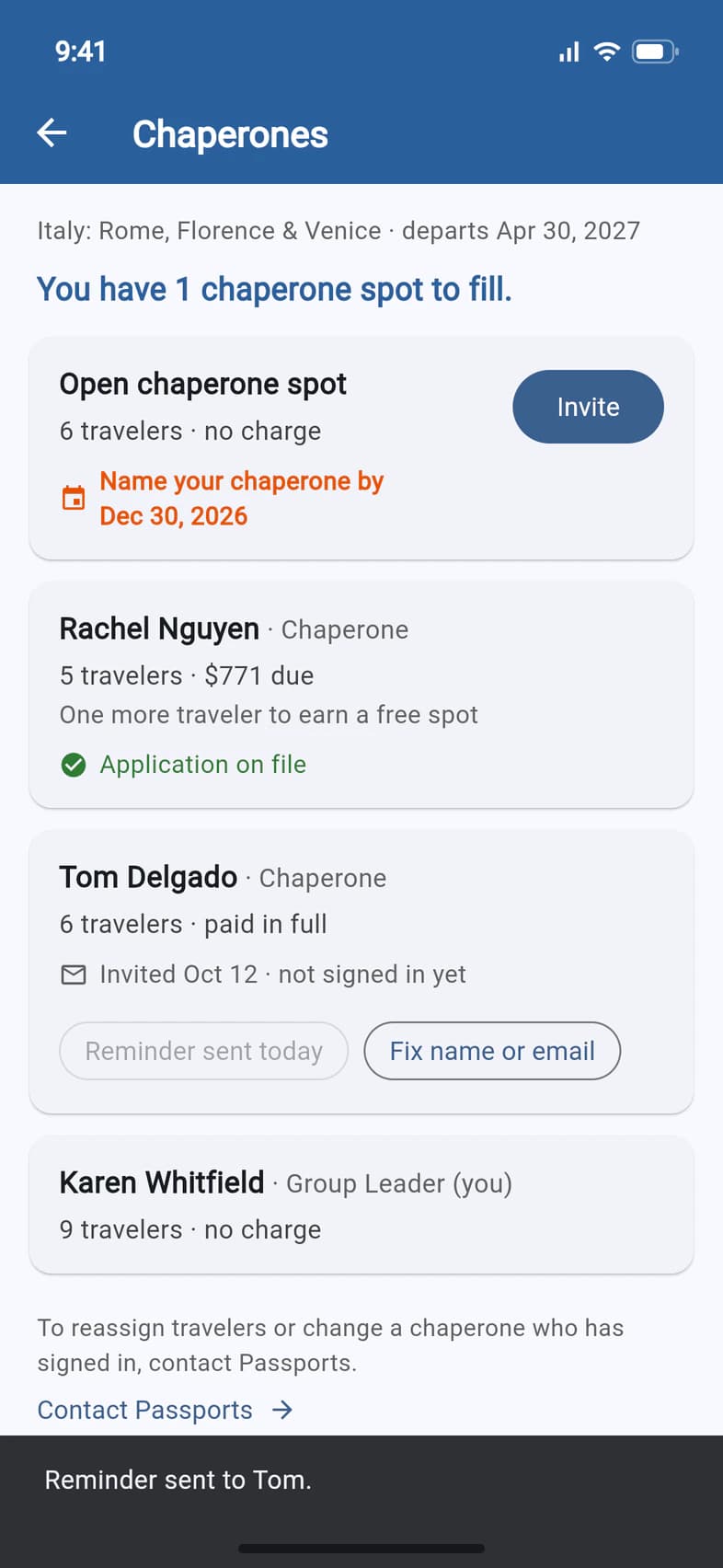 Tom Delgado's card after a reminder: the message “Reminder sent to Tom.” at the bottom, a grey Reminder sent today button, and Fix name or email
