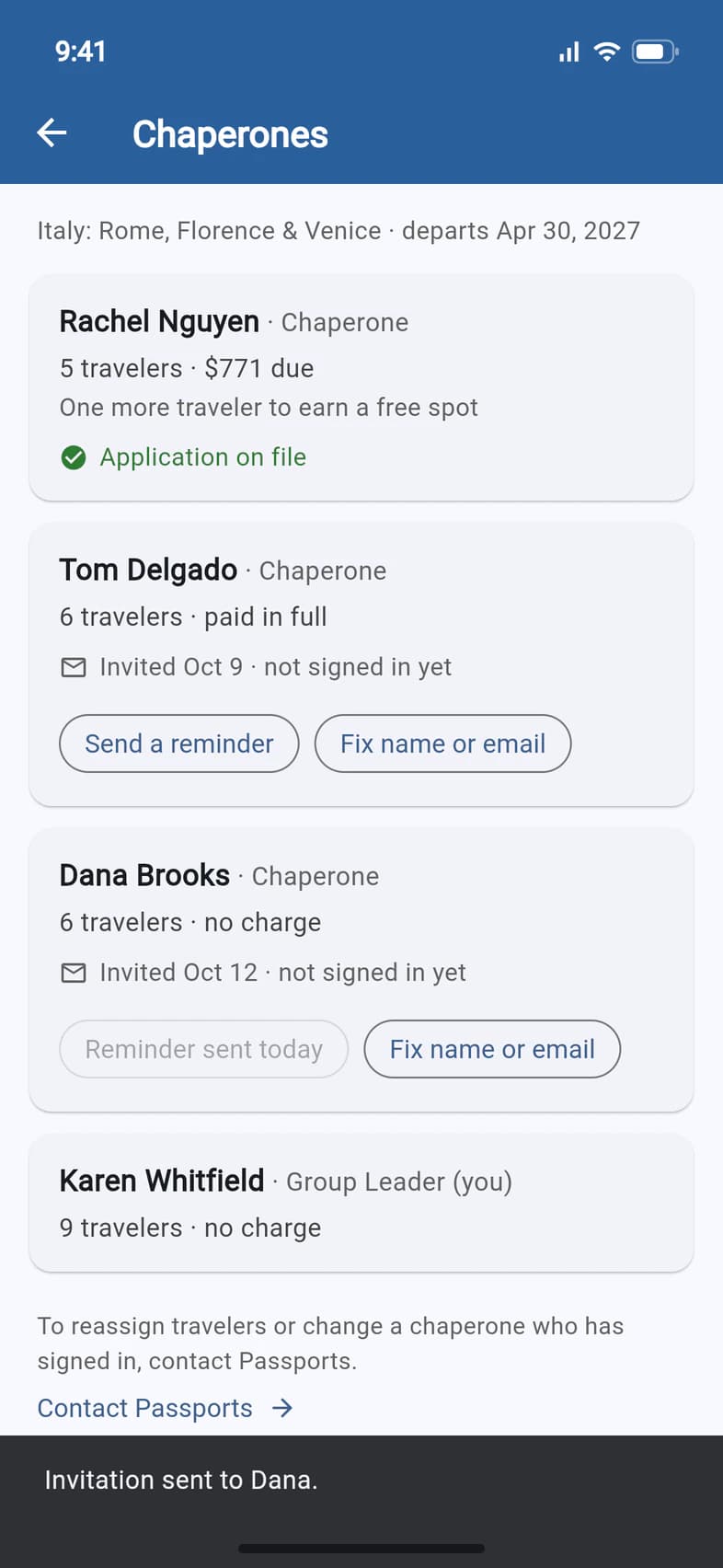 The Chaperones page after sending: the message “Invitation sent to Dana.” at the bottom, and a Dana Brooks card, invited today, not signed in yet