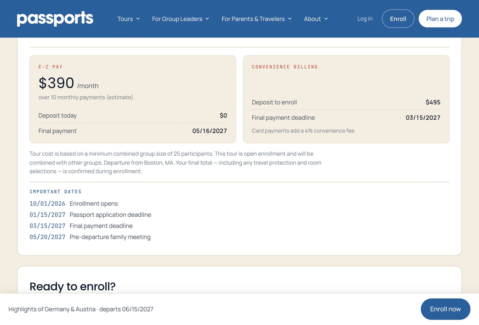 Cost & payments: E-Z Pay at about $390 a month with $0 today, Convenience Billing with a $495 deposit and a final payment deadline, then the tour's important dates