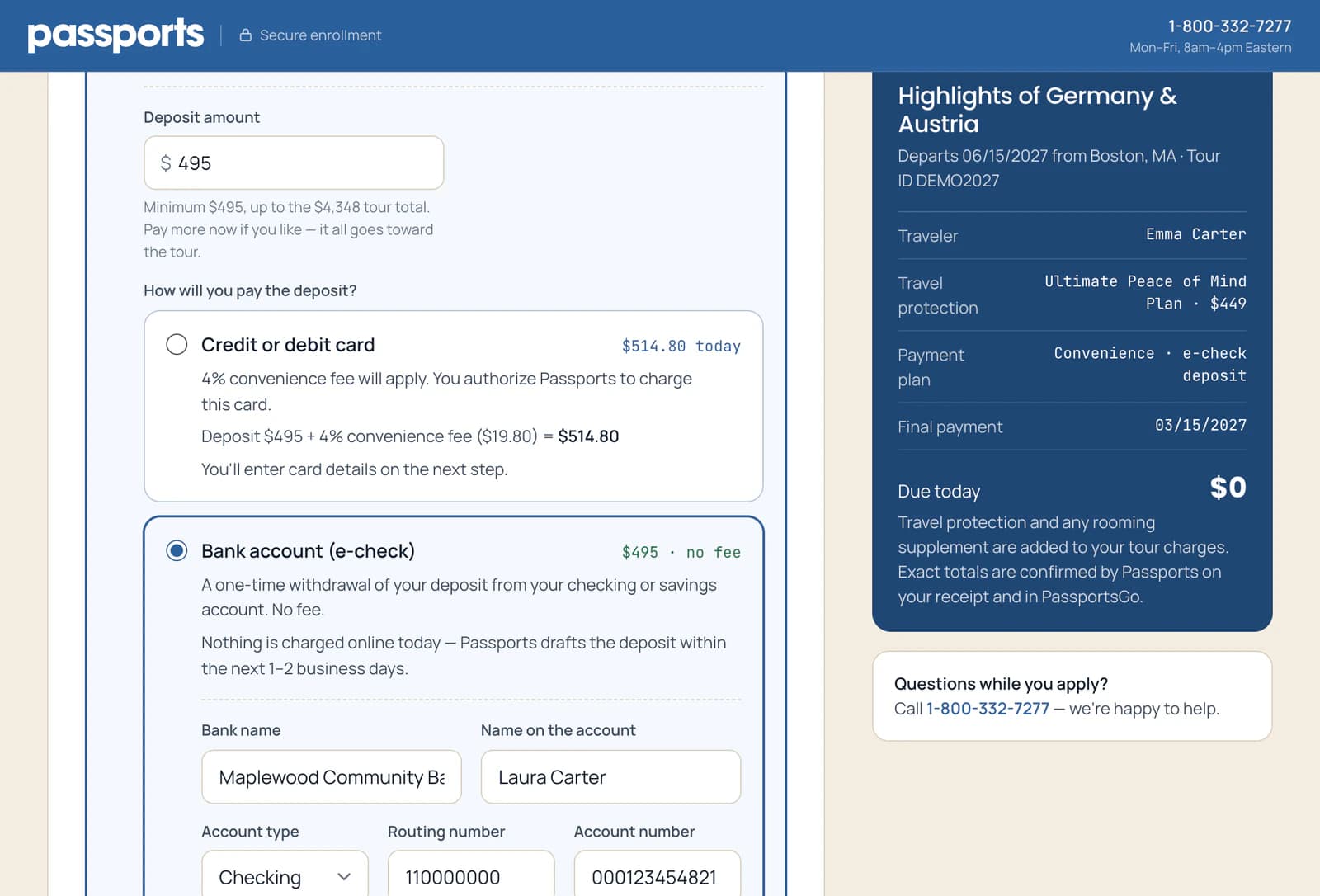 Convenience Billing: Deposit amount $495; Credit or debit card, $514.80 today including the 4% fee; Bank account (e-check), $495, no fee, selected, with the bank details