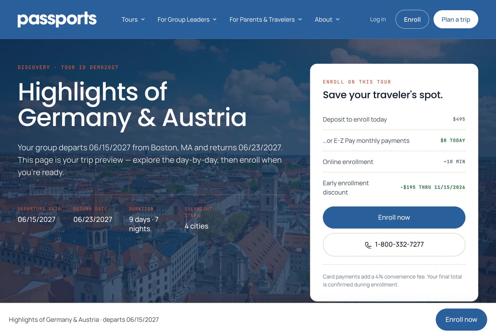 The tour page for Highlights of Germany & Austria: departure and return dates, 9 days, and the Enroll on this tour card with the deposit, E-Z Pay at $0 today, and Enroll now