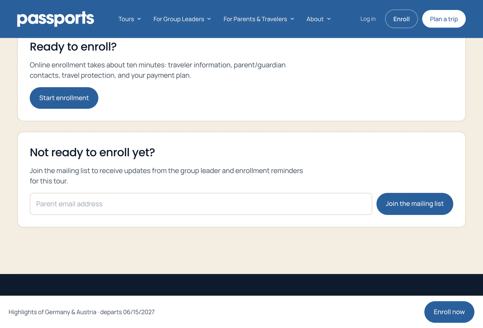 Ready to enroll? with the Start enrollment button, and Not ready to enroll yet? with a parent email field and Join the mailing list