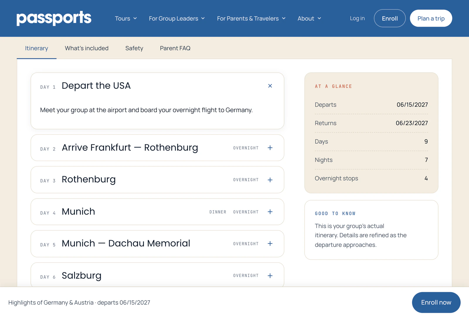 The tabs Itinerary, What's included, Safety and Parent FAQ, above the day-by-day list: Depart the USA, Arrive Frankfurt — Rothenburg, Munich, Salzburg