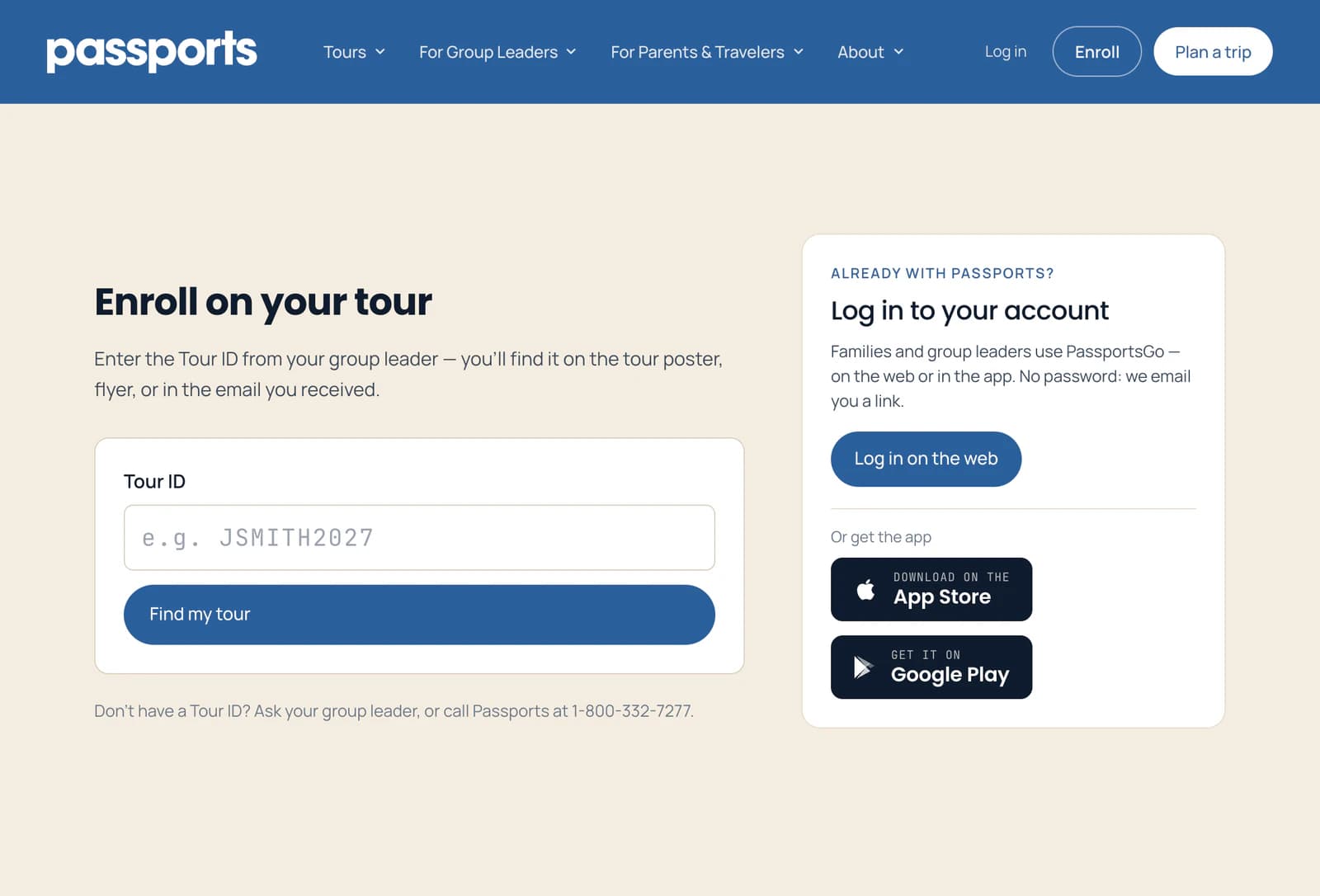 passports.com/enroll: Enroll on your tour, with the Tour ID field and the Find my tour button