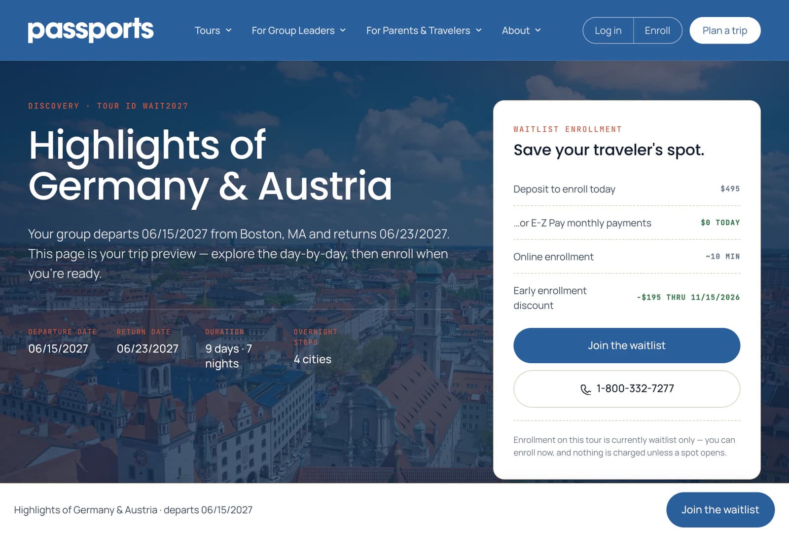 The tour page of a waitlist-only tour: Waitlist enrollment, the Join the waitlist button, and the note that enrollment is currently waitlist only and nothing is charged unless a spot opens