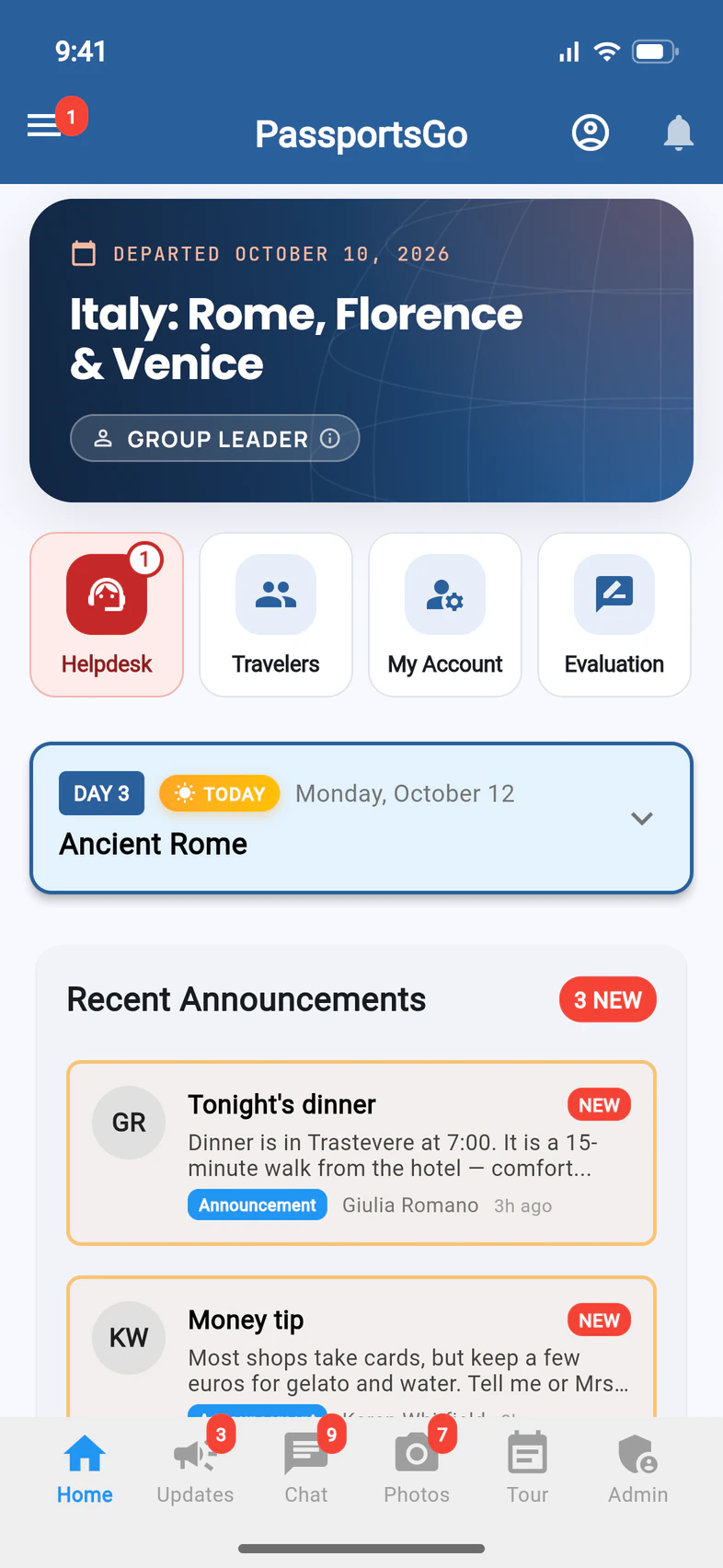 Home under the navy title card, with the Helpdesk, Travelers, My Account and Evaluation tiles