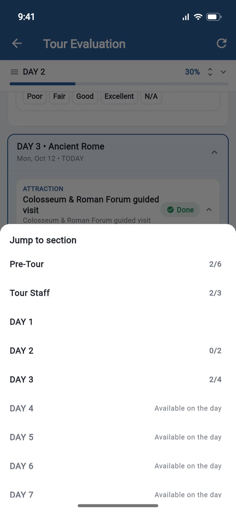 Jump to section: Pre-Tour 2 of 6, Tour Staff 2 of 3, Day 1 to Day 3, and Day 4 onwards Available on the day