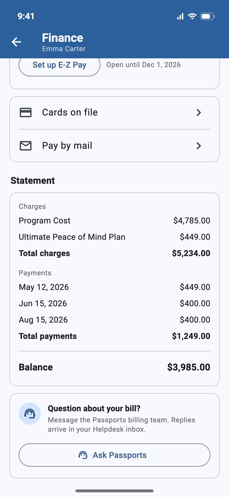 The statement: program cost and the Ultimate Peace of Mind Plan, total charges $5,234.00, three payments, total payments $1,249.00, balance $3,985.00, and Question about your bill?