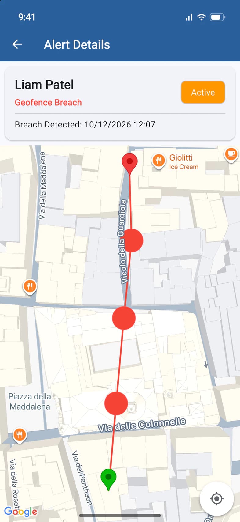 Alert Details: Liam Patel, Geofence Breach, Active, the time the breach was detected, and his path on a map from the edge of the area to a gelato shop