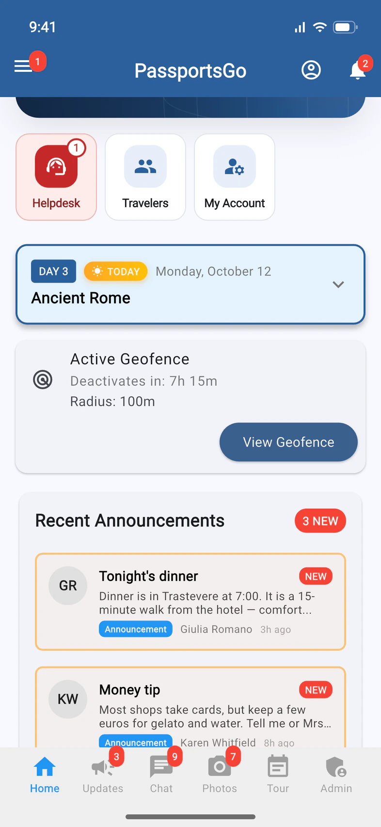 Home with 2 on the bell, and the Active Geofence card: Deactivates in: 7h 15m, Radius: 100m, View Geofence