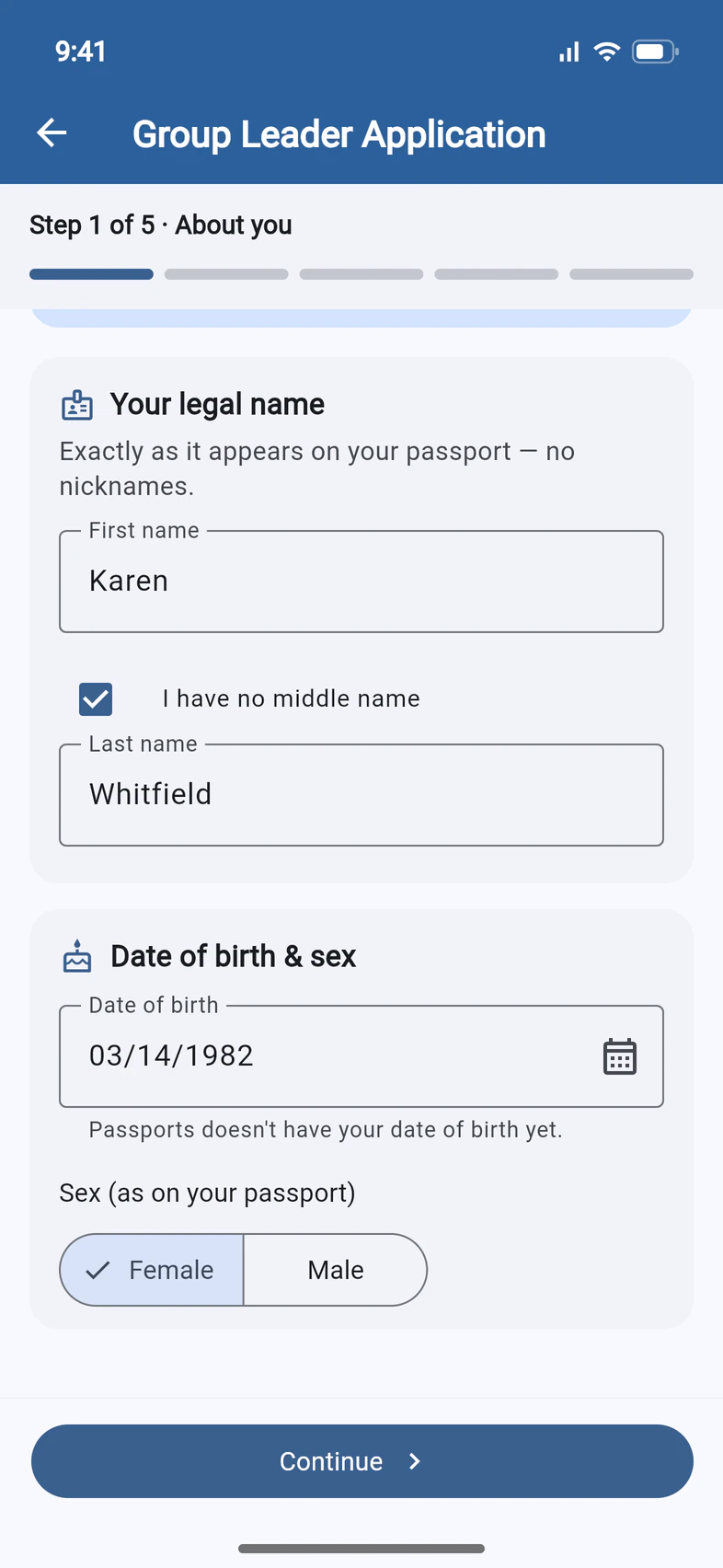 Step 1 of 5, About you: Your legal name with the first name Karen, I have no middle name ticked and the last name Whitfield, then Date of birth & sex with 03/14/1982 typed in and Female selected, and the Continue button