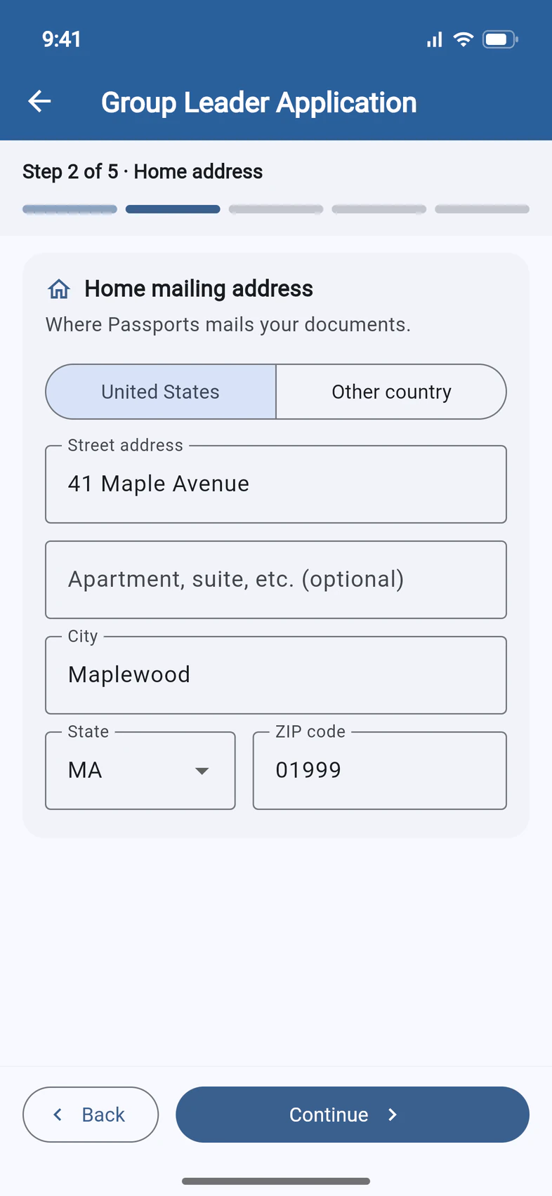 Step 2 of 5, Home address: United States selected, 41 Maple Avenue, Maplewood, MA 01999, with Back and Continue buttons