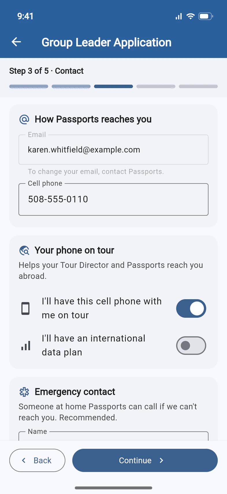 Step 3 of 5, Contact: the email karen.whitfield@example.com, the cell phone 508-555-0110, Your phone on tour with I'll have this cell phone with me on tour turned on and I'll have an international data plan off, and Emergency contact below