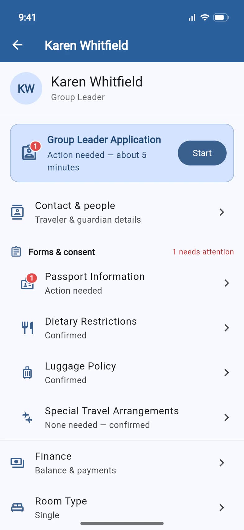 Karen Whitfield's record in PassportsGo: at the top, the Group Leader Application card, Action needed — about 5 minutes, with a Start button; below it Contact & people, Forms & consent (Passport Information, Dietary Restrictions, Luggage Policy, Special Travel Arrangements), Finance and Room Type