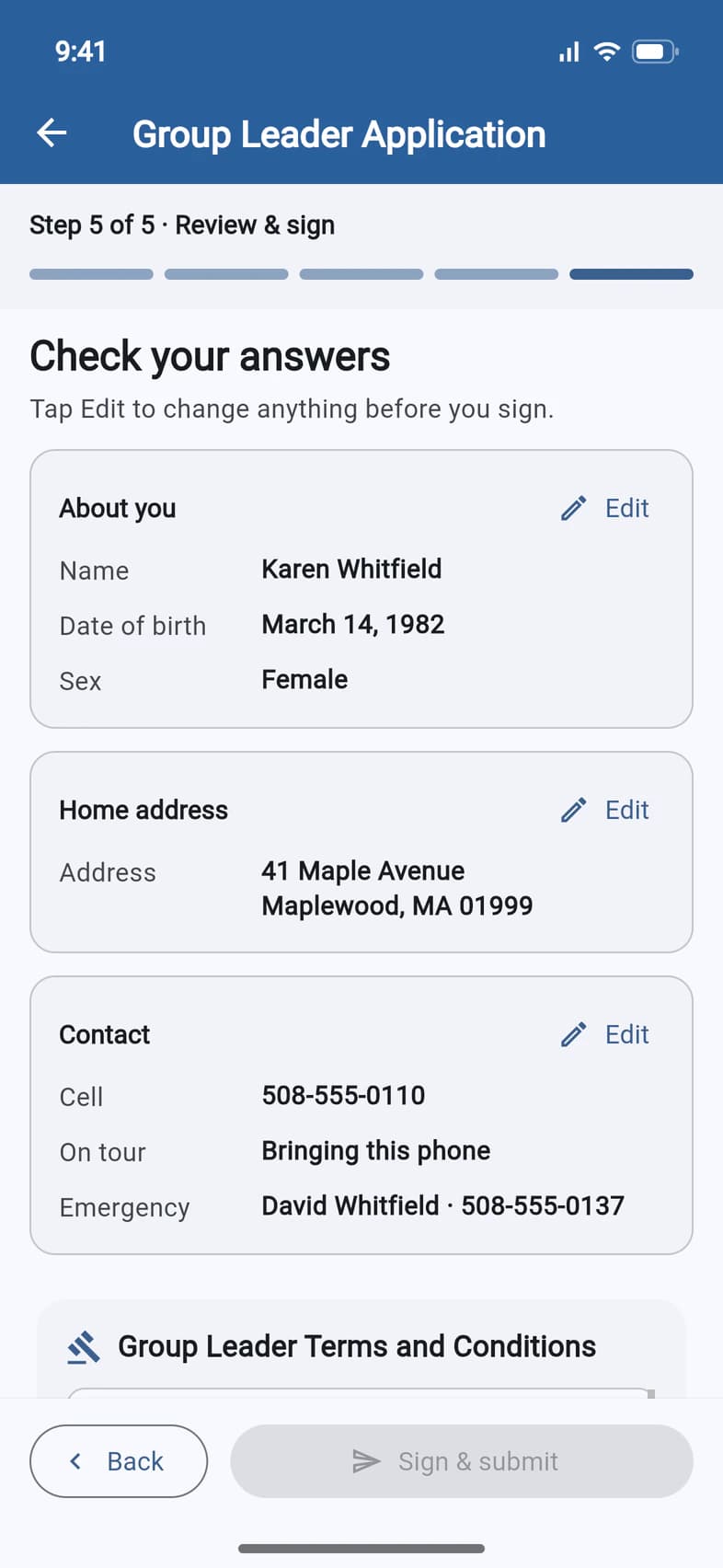 Step 5 of 5, Review & sign: Check your answers, with About you (Karen Whitfield, March 14, 1982, Female), Home address and Contact cards, each with an Edit button, and Sign & submit greyed out at the bottom
