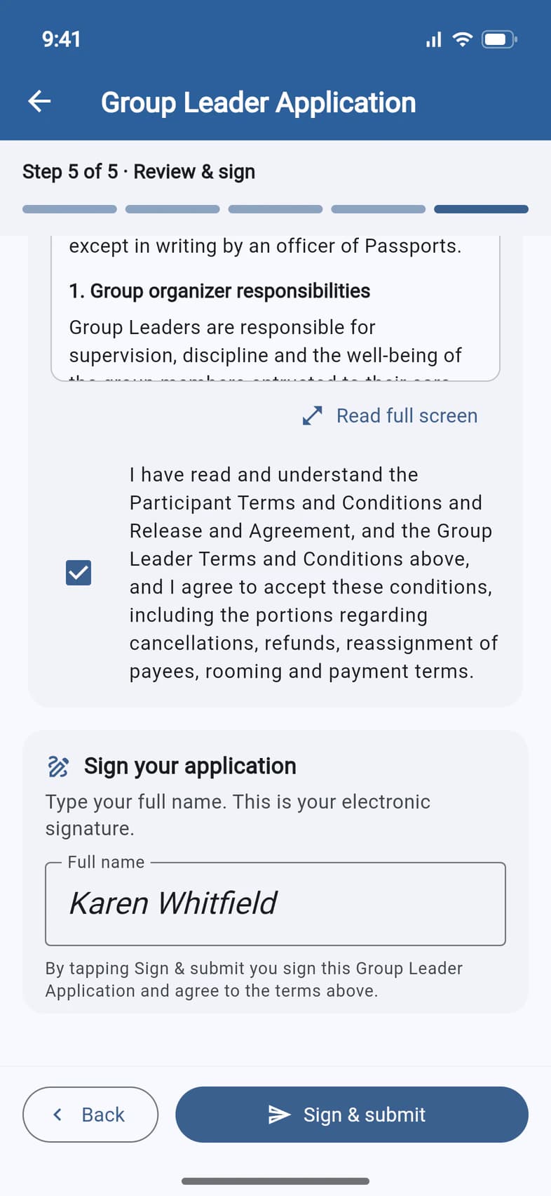 The end of Review & sign: the terms box with Read full screen, the agreement box ticked, Sign your application with Karen Whitfield typed as the signature, and the Sign & submit button