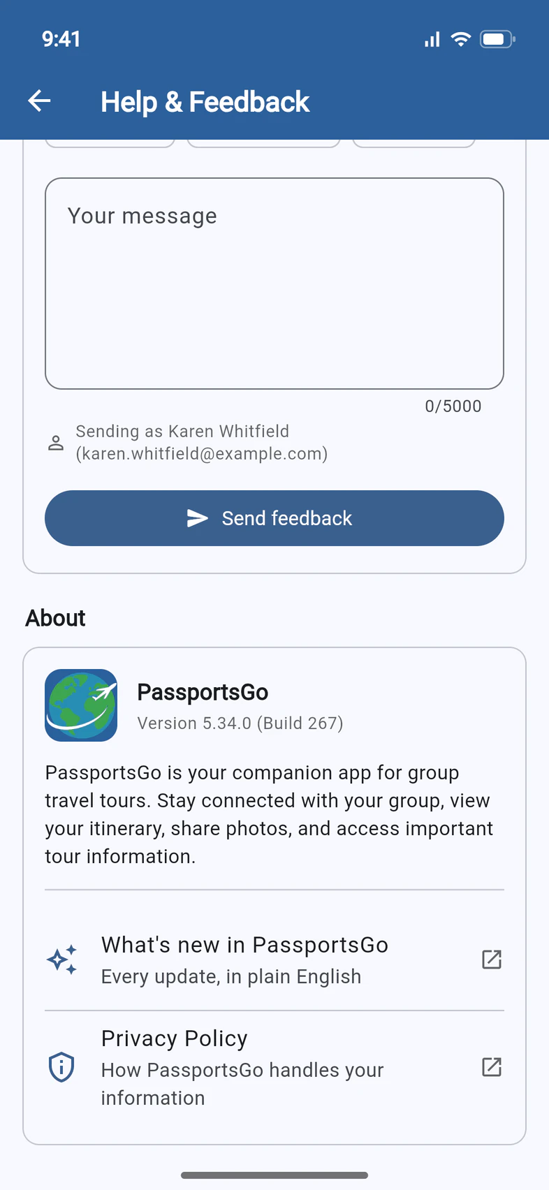 About: the PassportsGo app icon with the version and build number, a short description, then What's new in PassportsGo and Privacy Policy, each opening in your browser