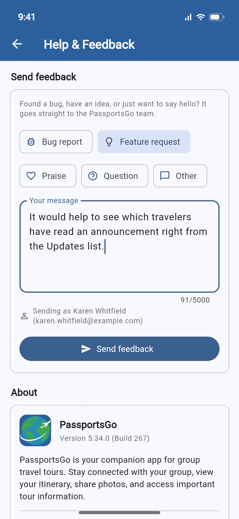 Send feedback: Feature request picked, a message about seeing who has read an announcement, Sending as Karen Whitfield, and a Send feedback button