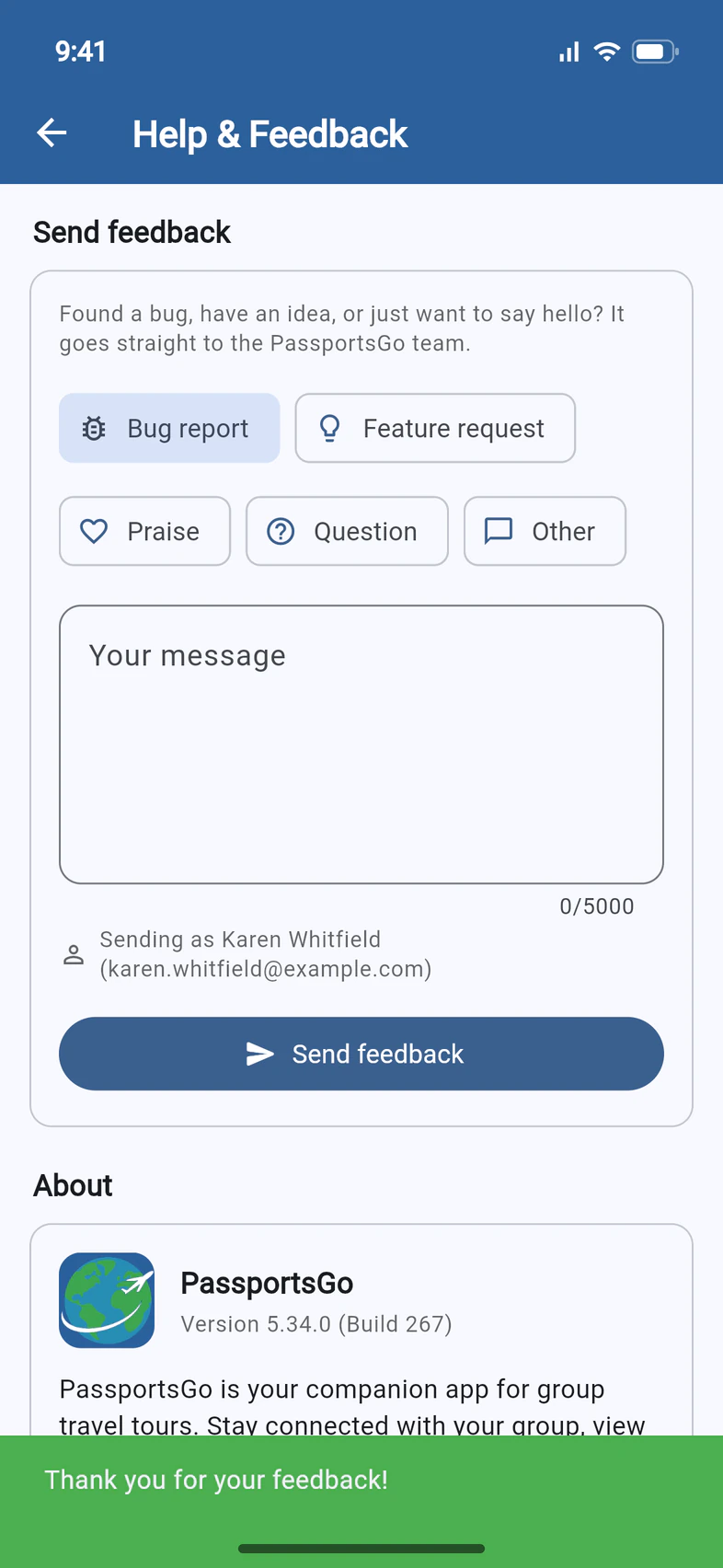 Right after sending: the form is empty again and a green Thank you for your feedback! message shows at the bottom
