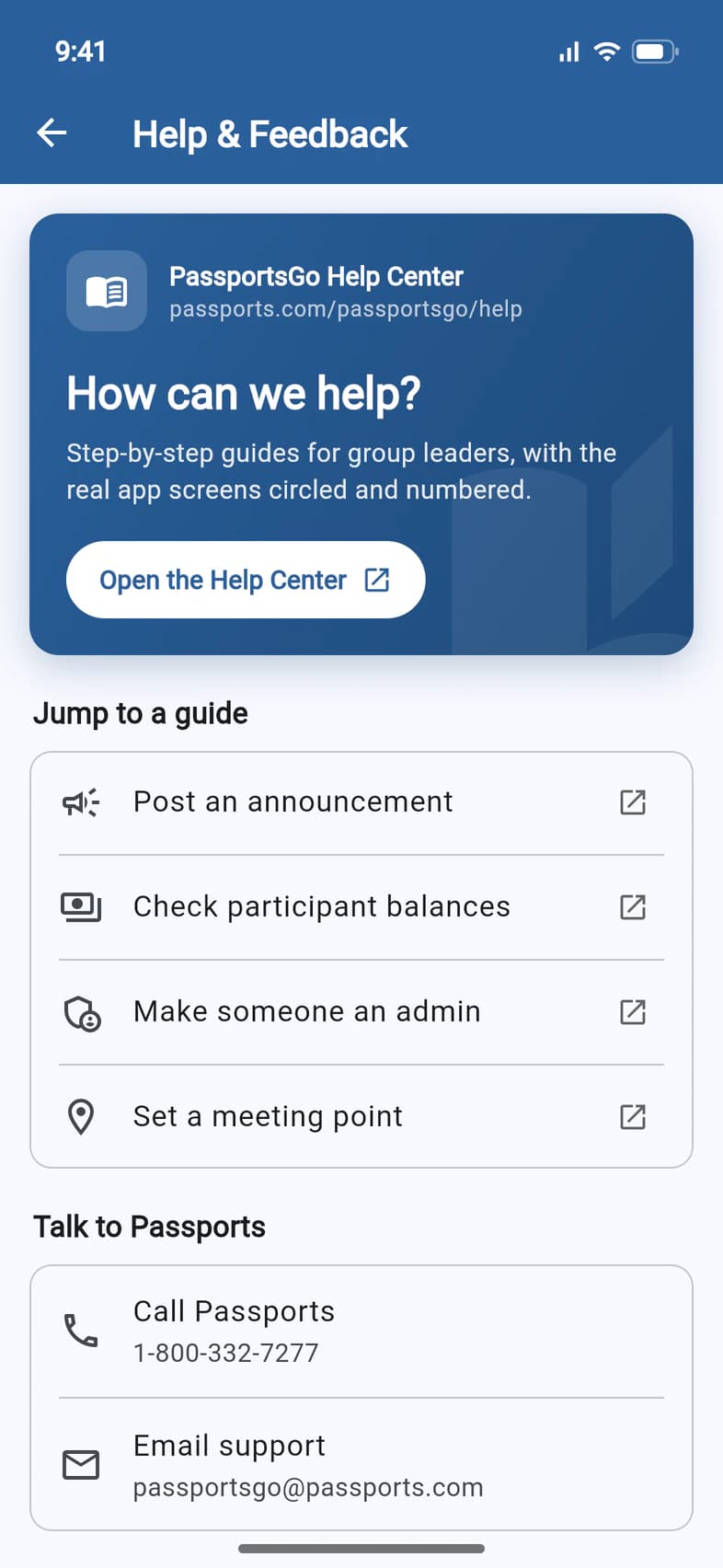 Help & Feedback: the blue PassportsGo Help Center card with an Open the Help Center button, then Jump to a guide with four guides for group leaders