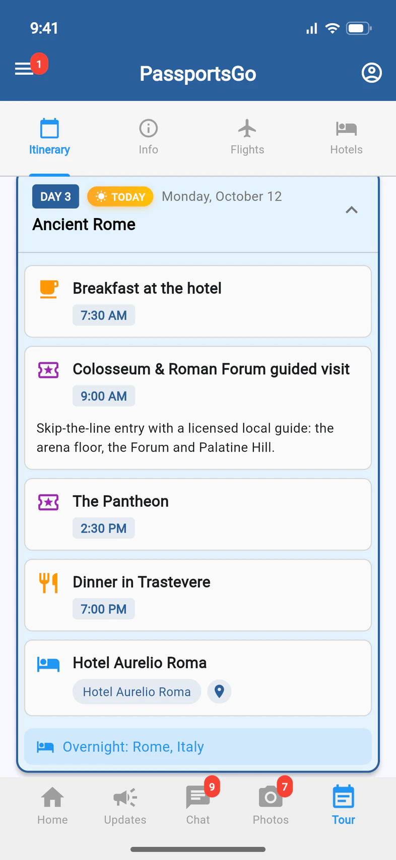 Day 3, Ancient Rome: breakfast, the Colosseum and Roman Forum guided visit, the Pantheon, dinner in Trastevere, and the hotel