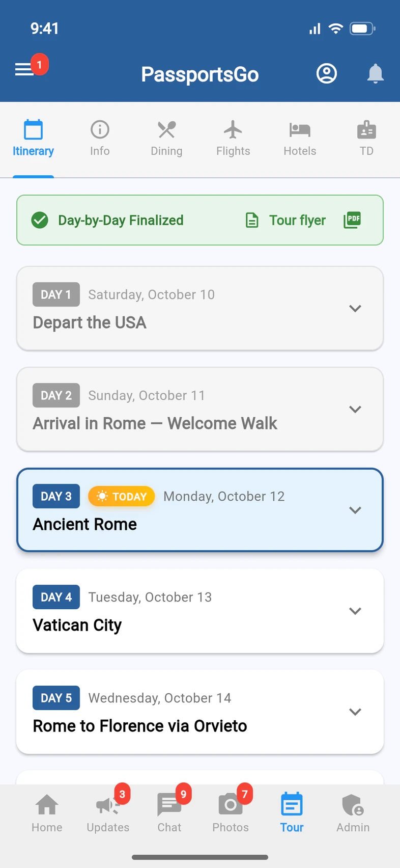 The Tour tab for a group leader: Itinerary, Info, Dining, Flights, Hotels and TD; Day-by-Day Finalized with a Tour flyer button and a PDF icon; and the days, with Day 3 marked TODAY