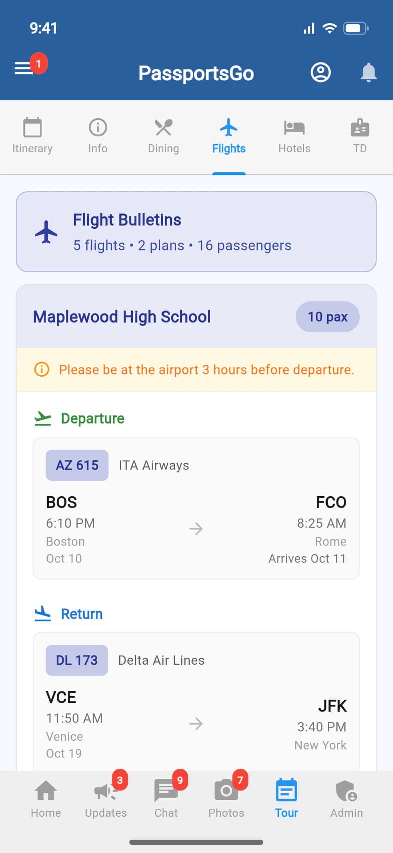 Flights for the group leader: Flight Bulletins, 5 flights, 2 plans, 16 passengers; the first plan, Maplewood High School with 10 passengers, with the departure from Boston to Rome and the return from Venice to New York