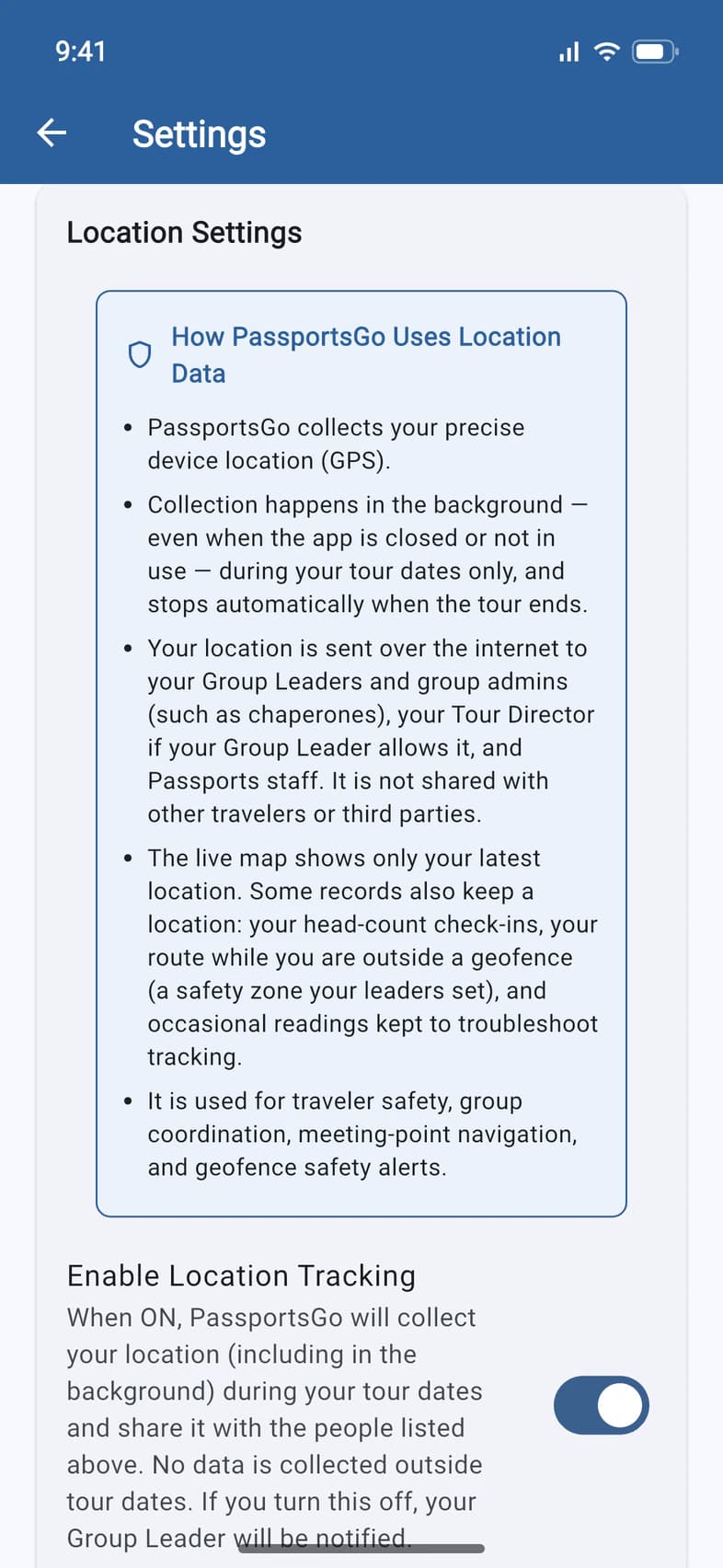 Settings, Location Settings: How PassportsGo Uses Location Data, and the Enable Location Tracking switch, on