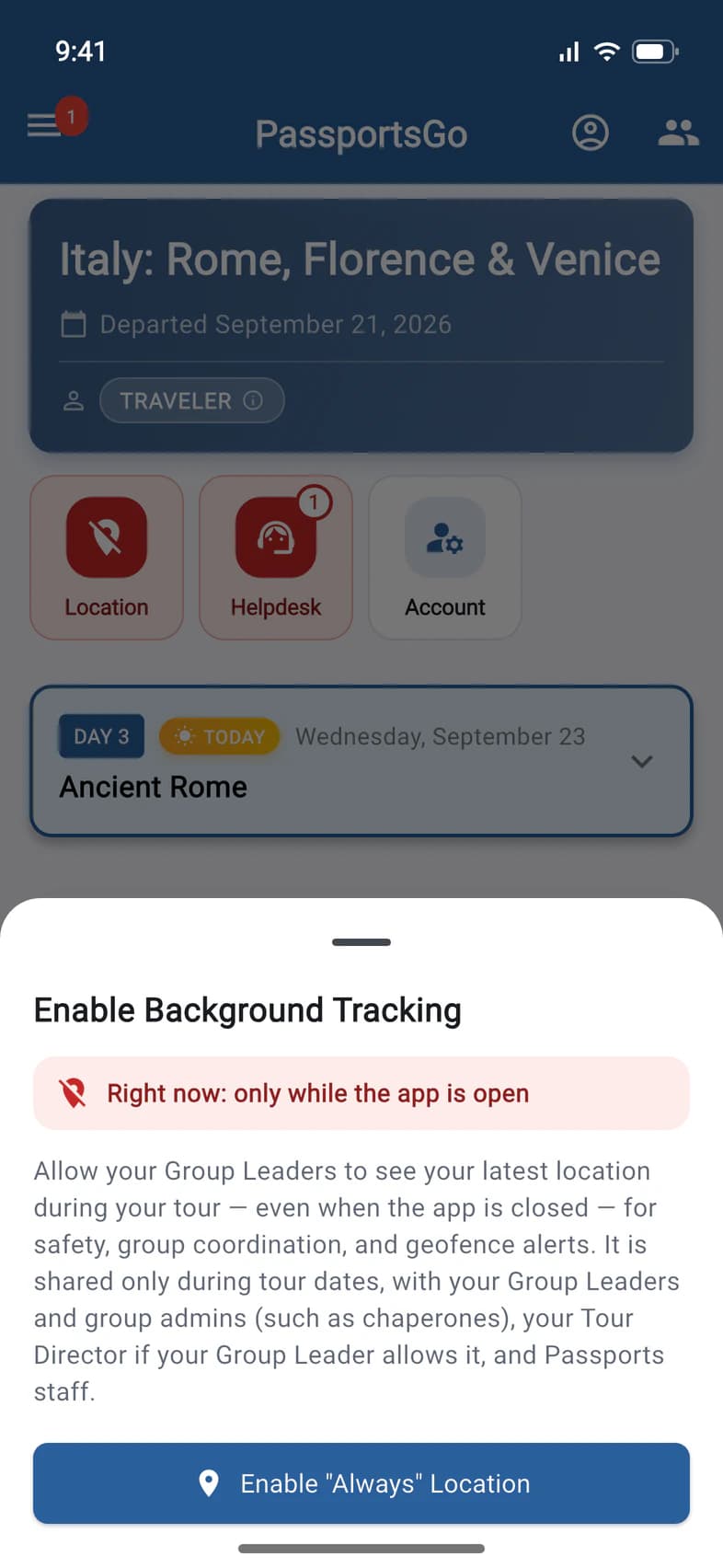 Enable Background Tracking: Right now only while the app is open, who sees the location, and the Enable "Always" Location button