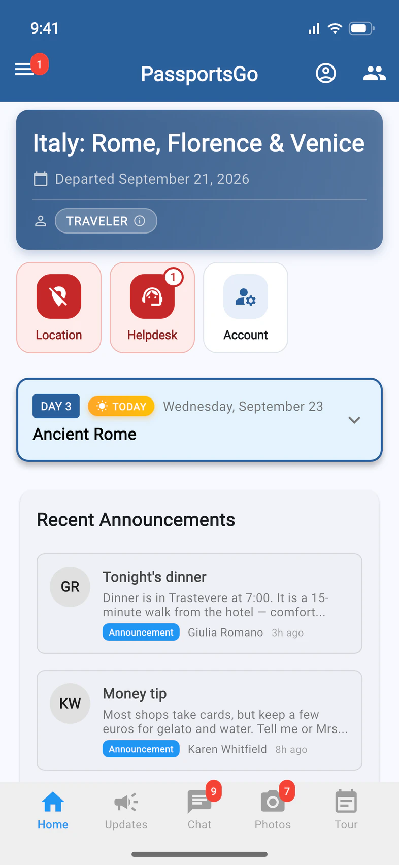 Emma's Home with a red Location tile next to Helpdesk and Account