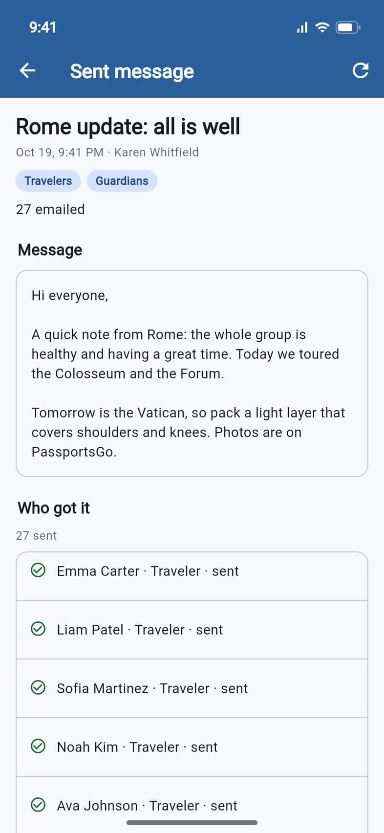 The Sent message page for Rome update: all is well: sent to Travelers and Guardians, 27 emailed, the message, and Who got it: 27 sent, starting with Emma Carter, Traveler, sent
