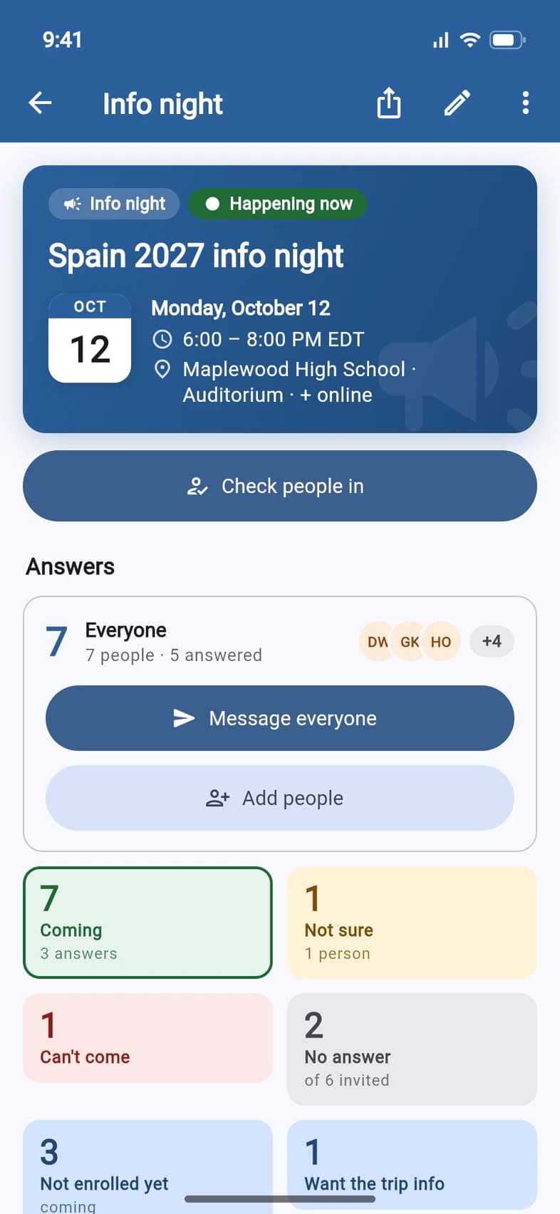 The Spain 2027 info night's page, Happening now, today at Maplewood High School, with a Check people in button under it