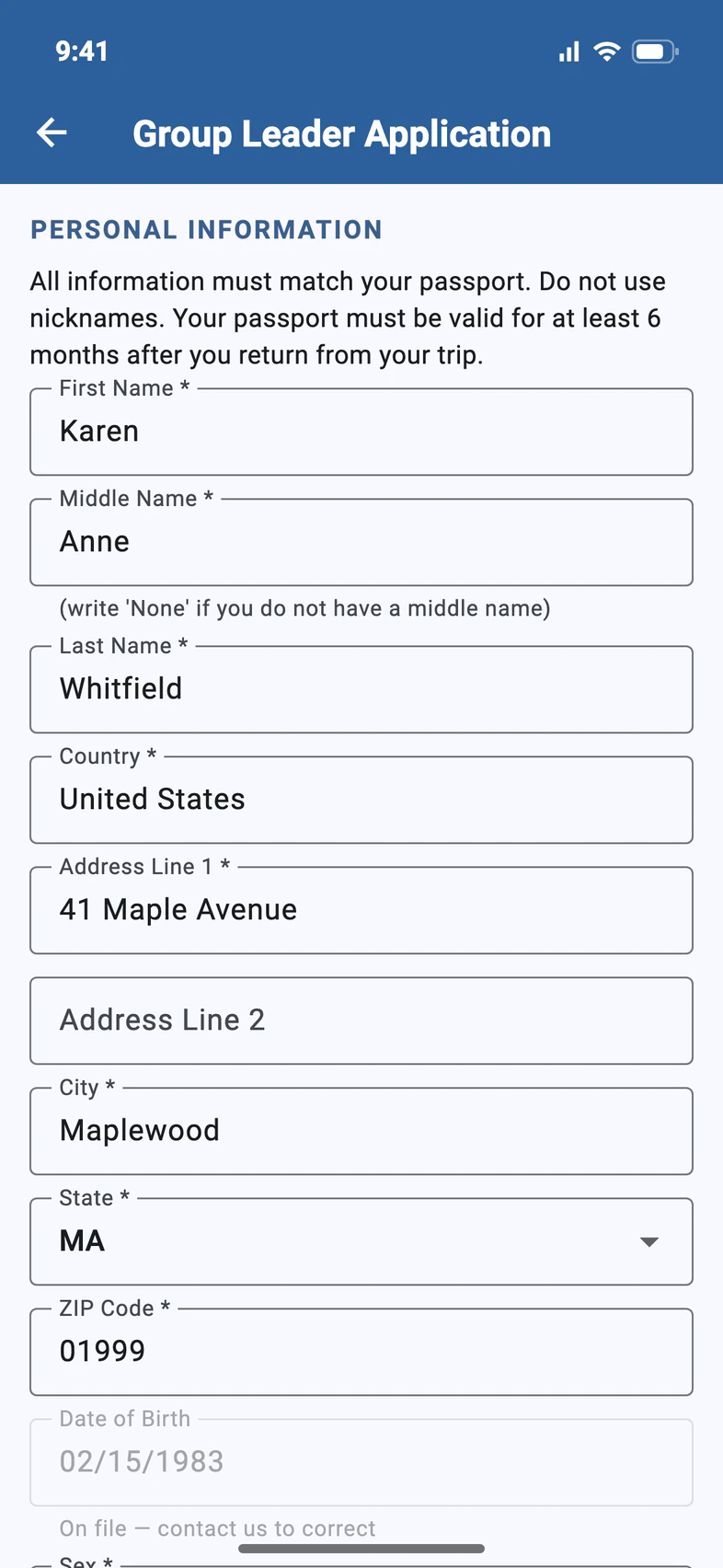 Group Leader Application, Personal Information: first, middle and last name, country, address, and the date of birth on file