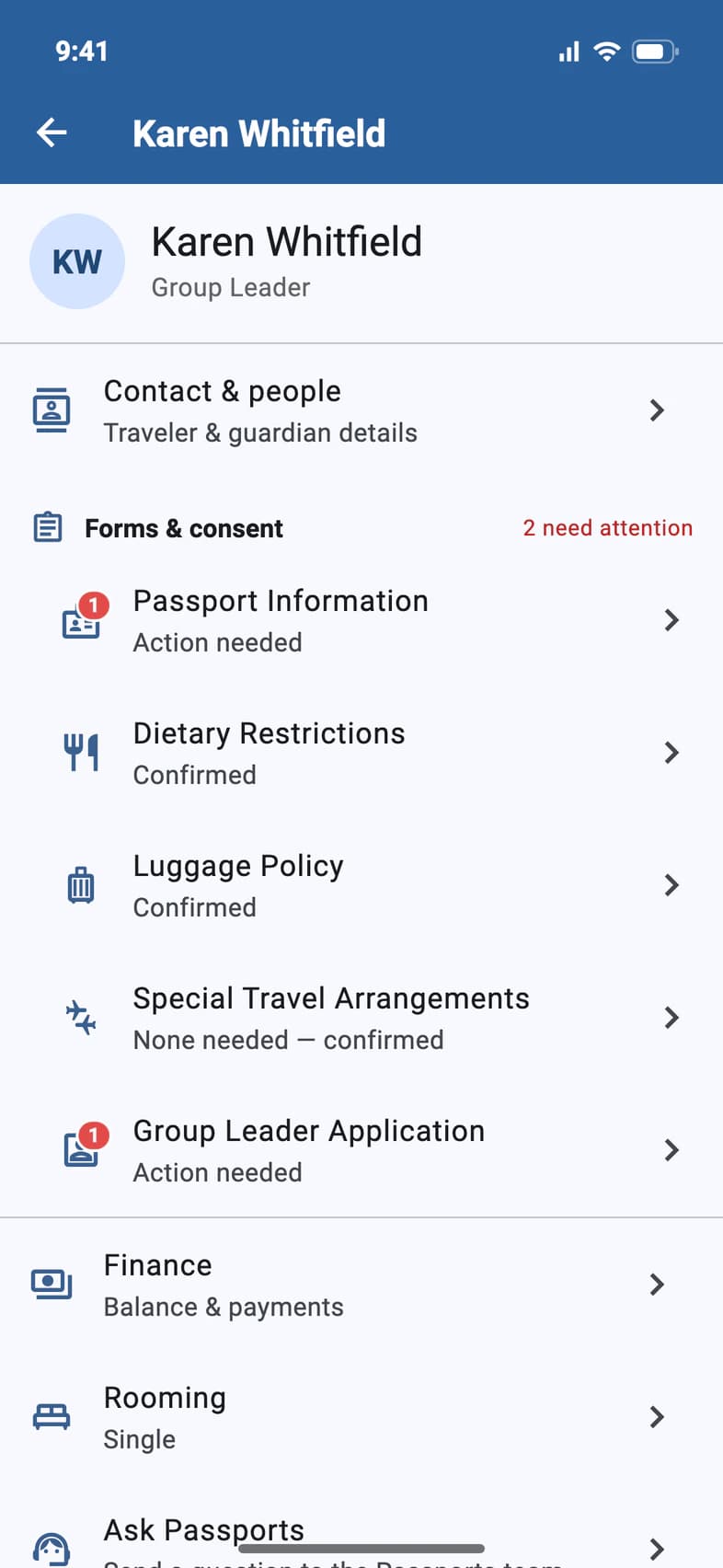 Karen Whitfield, Group Leader: Contact & people; Forms & consent with Passport Information and Group Leader Application marked Action needed; Finance; Rooming