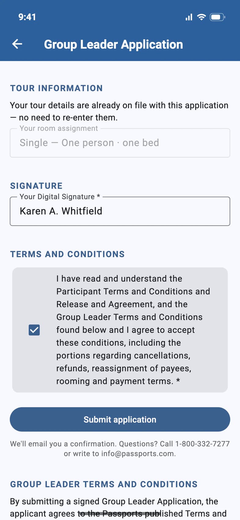The end of the application: Your Digital Signature, Karen A. Whitfield; the terms box ticked; Submit application