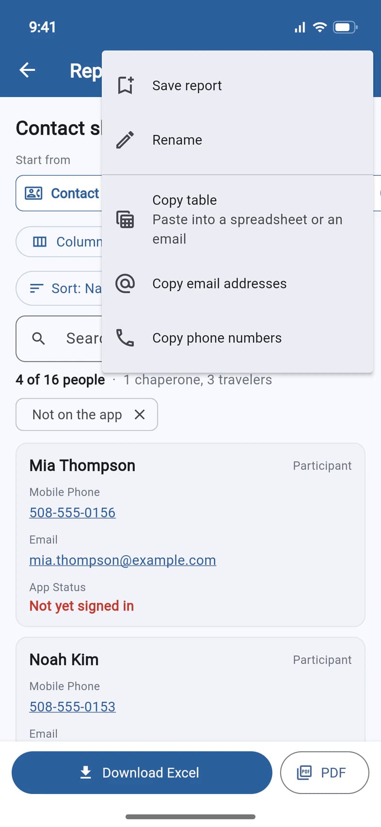 The ⋮ menu: Save report, Rename, Copy table (Paste into a spreadsheet or an email), Copy email addresses and Copy phone numbers