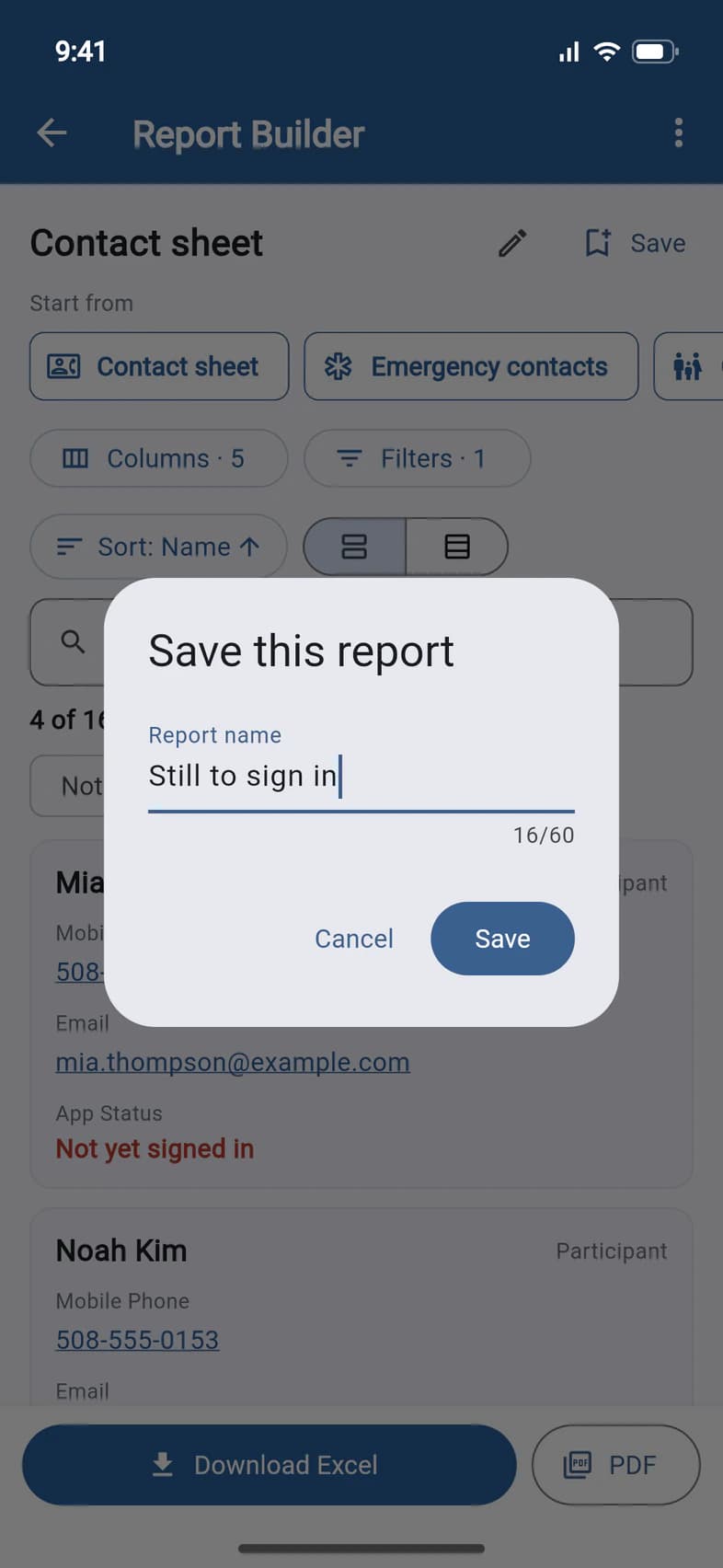 The Save this report box with the report name “Still to sign in” typed in, and Cancel and Save buttons