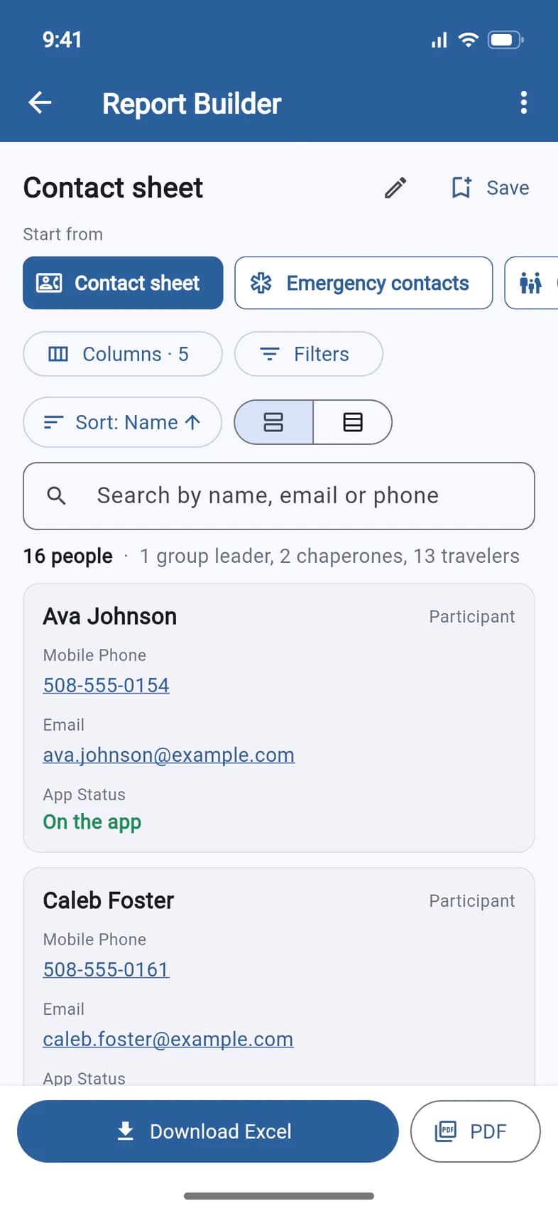 The Report Builder on the Contact sheet: Start from with Contact sheet and Emergency contacts, the Columns · 5, Filters and Sort buttons, a search box, 16 people as cards with phone, email and app status, and Download Excel and PDF at the bottom